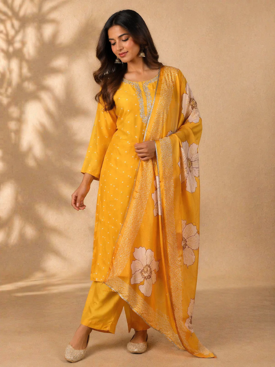 Mustard Yellow Embroidered Polka Dot Straight Cut Salwar Suit
